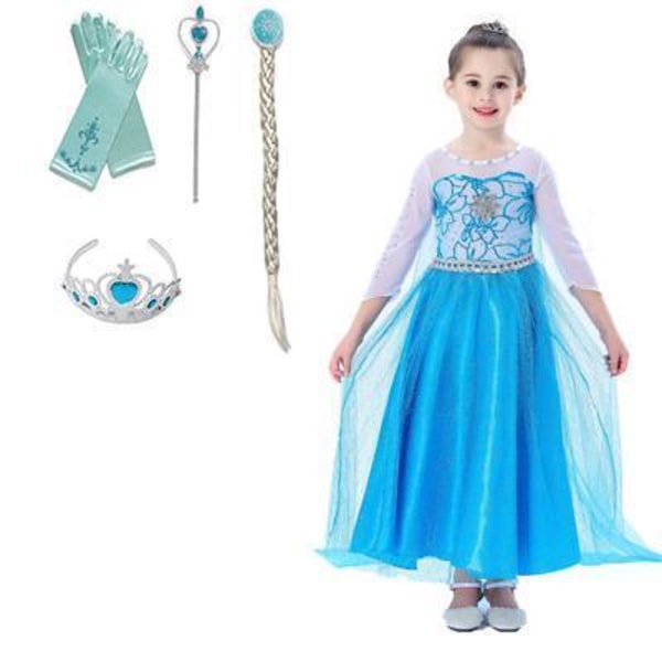 Elsa princess klänning + 4 extra tilbehör Blue 100 cm