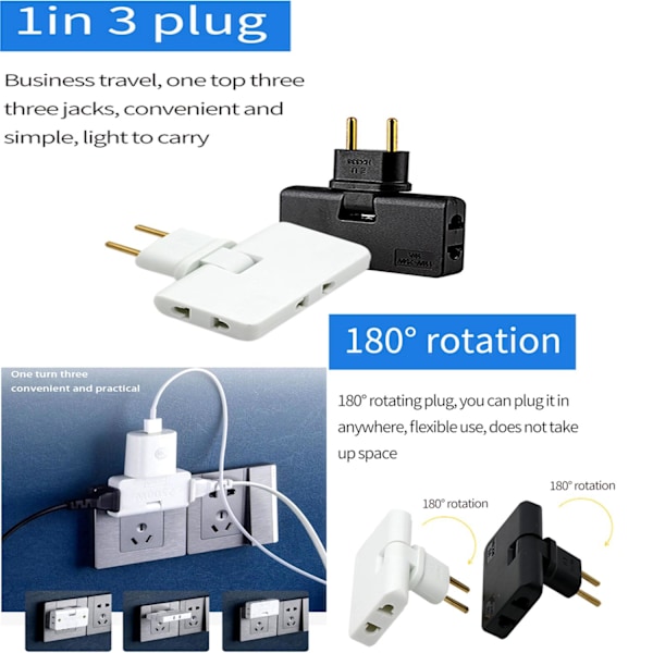 Roterbar Eu Plug Converter 3 In 1 180 graders förlängningsplugg Black M