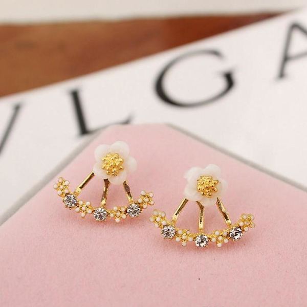 Earring tops studs Daisy flower two sided Gold M