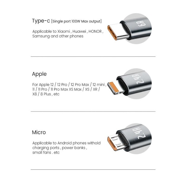 3-i-1 indragbar kabel - Lightning, USB-C, Micro USB Purple M