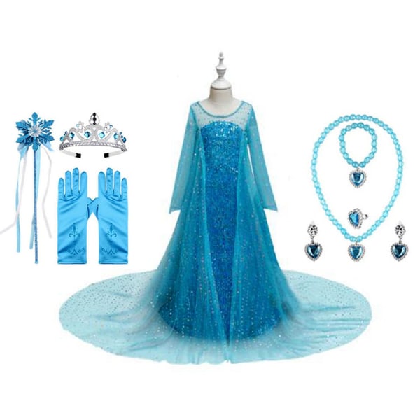 Elsa Frozen kjole pige kostume til børn + 7 ekstra tilbehør 130 cm one size
