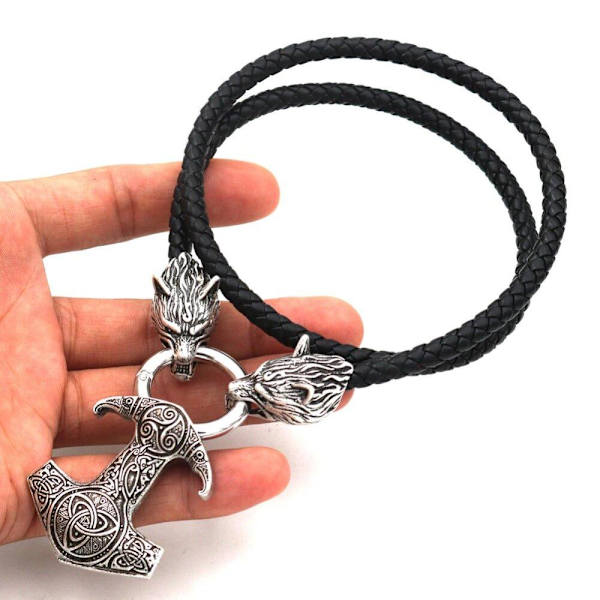 Varghuvud Thor hammare Mjolnir Triskele Viking läderhalsband Wolf head necklace Triskele one size