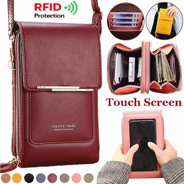 Crossbody axelväska för kvinnor Mobiltelefon,korthållare plånbok  Red Wine M