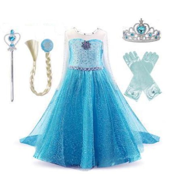 Elsa princess klänning + 4 extra tilbehör Blue 140 cm