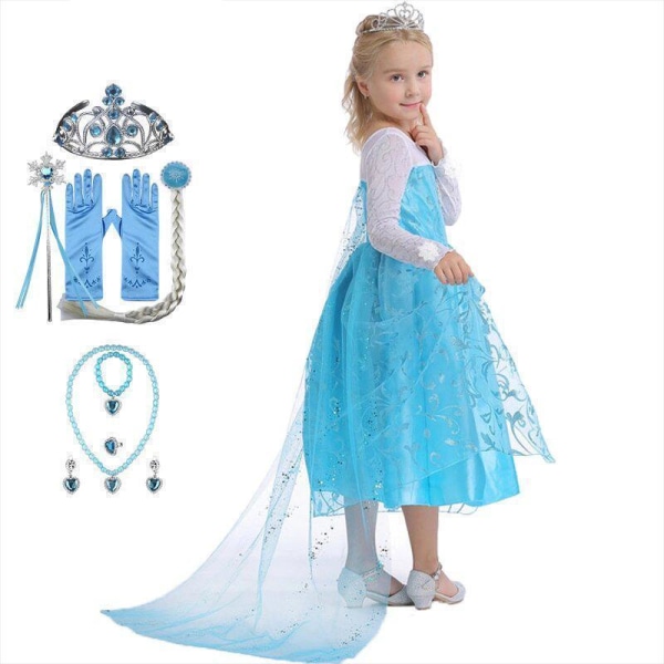 Elsa prinsesse kjole +8 ekstra tilbehør 150 cm one size