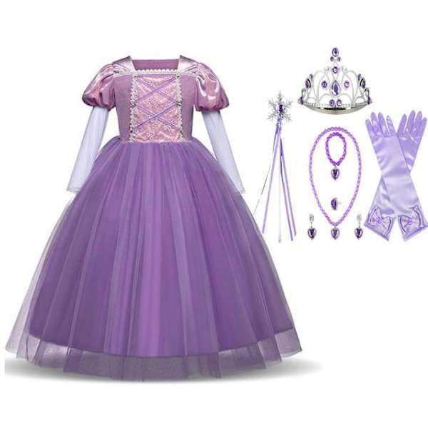 Prinsess Rapunzel klänning Tangled kostym + 7 extra tillbehör 140 cm one size