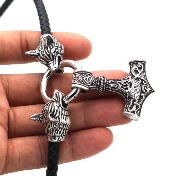 Varghuvud Thor hammare Mjolnir snigel Viking läderhalsband Wolf head necklace snail one size