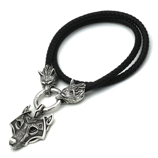 Wolf Norse Viking hängen halsband Talisman Wicca Pagan smycken Wolf necklace with 2 wolfs leather r one size