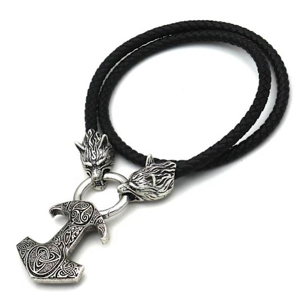 Varghuvud Thor hammare Mjolnir Triskele Viking läderhalsband Wolf head necklace Triskele one size
