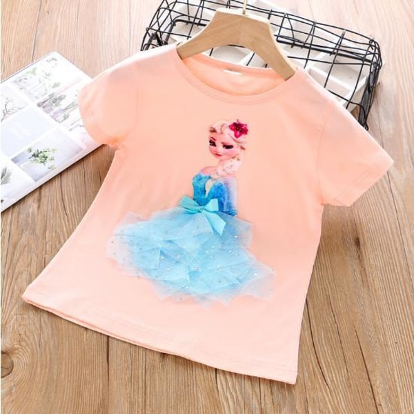 Princess sommar 3D T-shirts & byxor-Elsa-Belle-Rapunzel-Aurora Elsa orange 120 cm one size