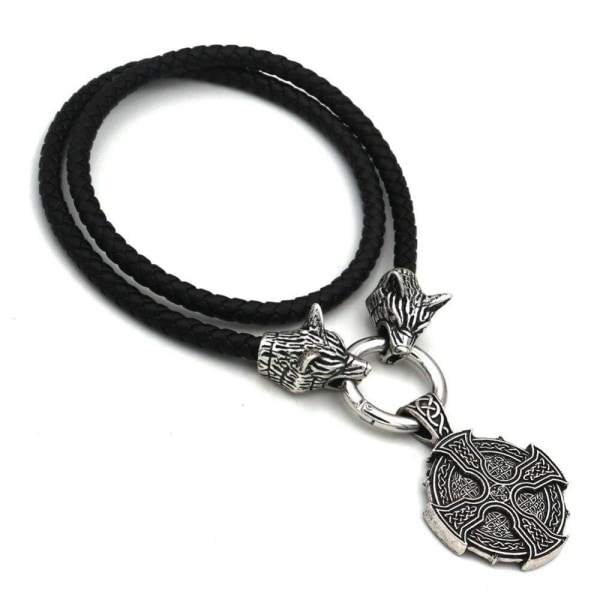 Irländska knutar varghuvud hänge läder kedja viking halsband Wolf head necklace Triskele one size