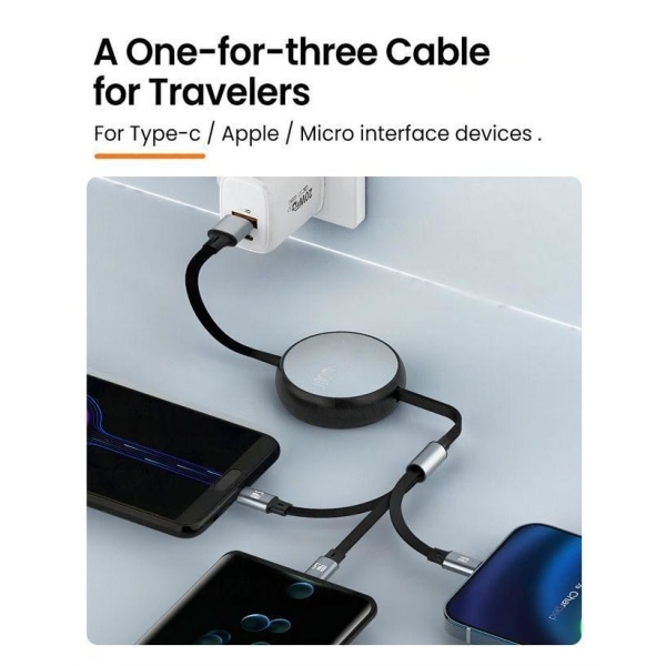 3-i-1 indragbar kabel - Lightning, USB-C, Micro USB Black M