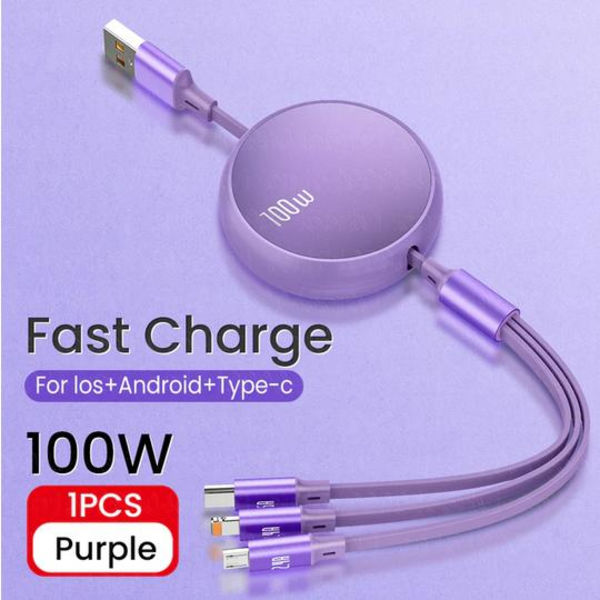 3-i-1 udtrækkeligt kabel - Lightning, USB-C, Micro USB Purple M