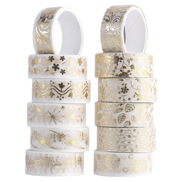 Blommigt guld Washi Tape Set 12 rullar Maskeringstejp Dekorativt