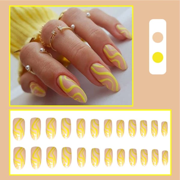 Medium Press On Nails - Mandelformade Falska Naglar Gul Swirl