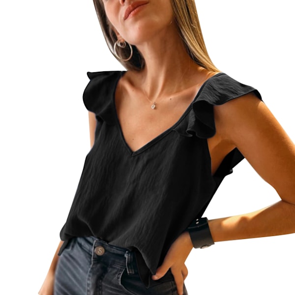 Dam Ruffle Ärmlös Topp Djup V-ringning Rygglös Lös Passform Enfärgad Casual Sommar T-shirt Svart XL
