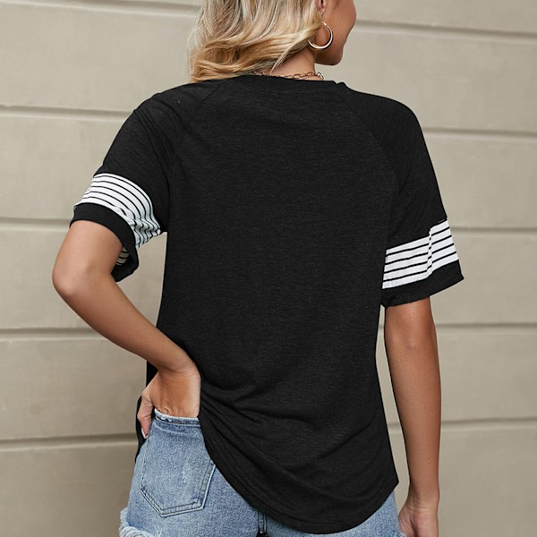 Crewneck T-shirt Andningsbar och Lös Kortärmad med Randig Ärm för Kvinnor Svart L