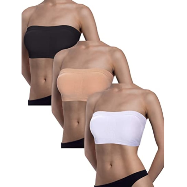 3-pack Bandeau-behå för kvinnor, vadderad, axelbandslös behå, mjuk behå