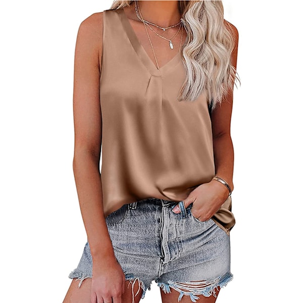 Dam V-ringad Tank Top Enfärgad Satinfinish Trendig Ärmlös Satin Enkel Topp Khaki XXL