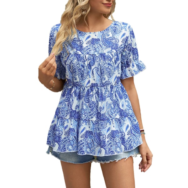 Dam Rundhalsad Topp Blomstertryck Kortärmad Volangfåll Sömmar Sommar Lös T-shirt Blå Paisley XXL
