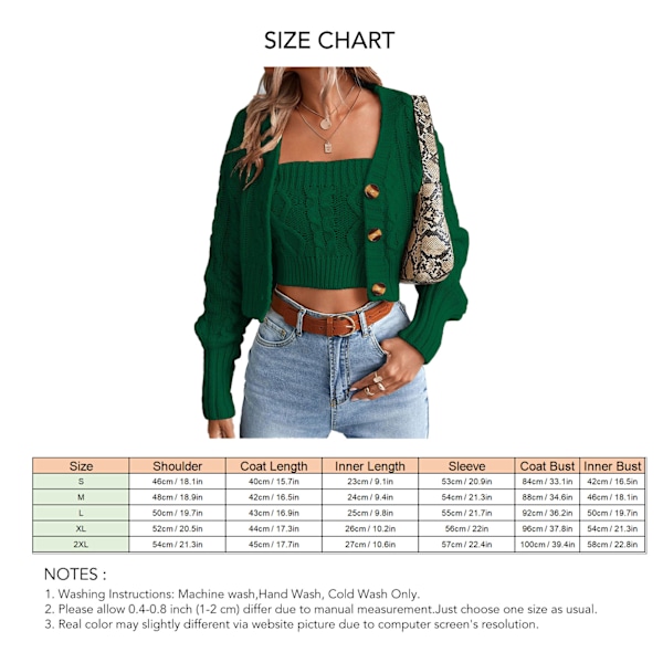 2 st Tröjor Set Långärmad Topp Axelbandslös Off Shoulder Topp Set Stickad Knäppning Kostymer Grön M