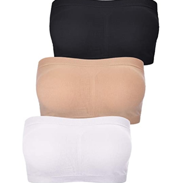 3-pack Bandeau-bh för kvinnor, vadderad, axelbandslös bh, mjuk bh