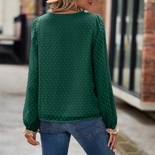 Dam Blus Lös Spetsmanschett Långärmad Spetskant Djup V-ringning Jacquard Blus för Kvinnor Mörkgrön S