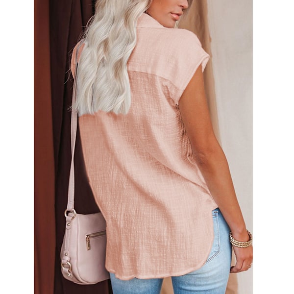 Enkelknäppt Blus Knapp Fram Enfärgad Nedvikt Krage Kortärmad Blus för Kvinnor Sommar Rosa M