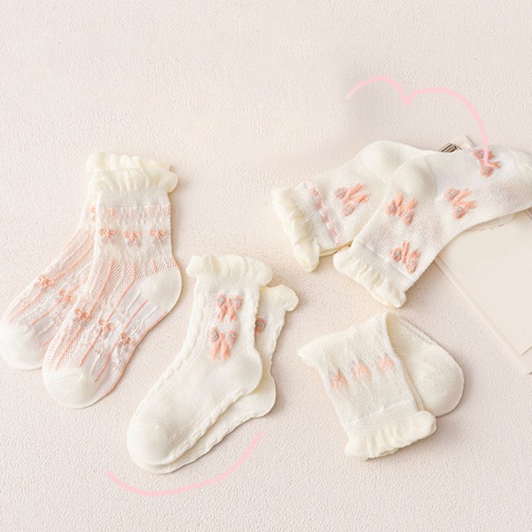 5 Par Flickstrumpor Baby Ankelstrumpor Kammad Bomull Spädbarn Nyfödda Strumpor Spetsdekoration Rosa Rosett XL för 9‑12 År