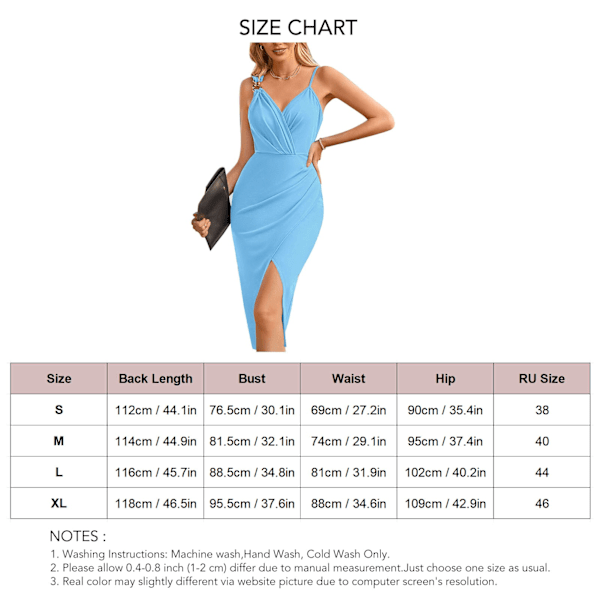 Dam Omlott V-ringad Klänning Delad Fåll Slim Fit O-ring Enfärgad Plisserad Ärmlös Bodycon Klänning Blå M