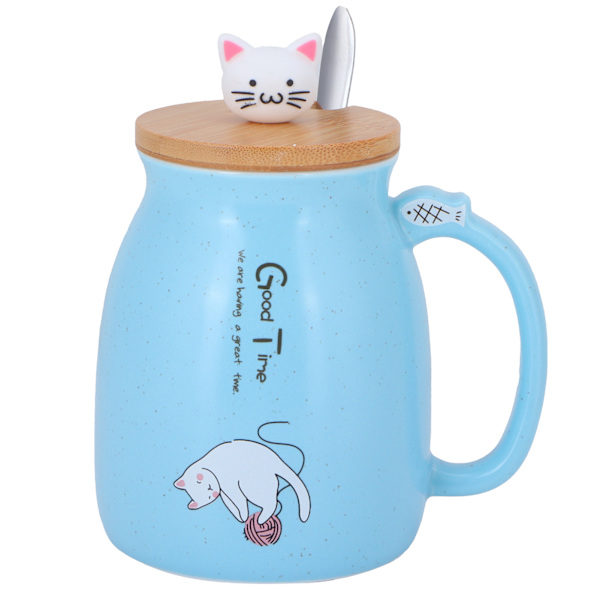 450 ml söt katt keramikmugg mjölk kaffe tekopp med lock sked