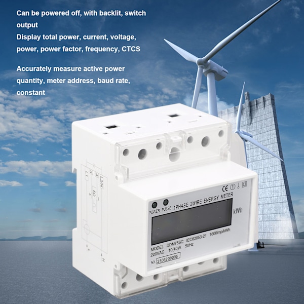 Energimätare 1-fas 2-trådig 4P Digital LCD Kwh Wattmeter Strömförbrukning 35mm DIN-skena Montering AC220V