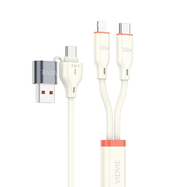 VIDVIE Multifunctional Kabel Type C / USB A till Type C / lightning - 120CM Vit