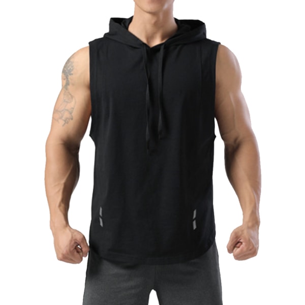 Svart sporthuvtröja för män Ärmlösa linne snabbtorkande T-shirt