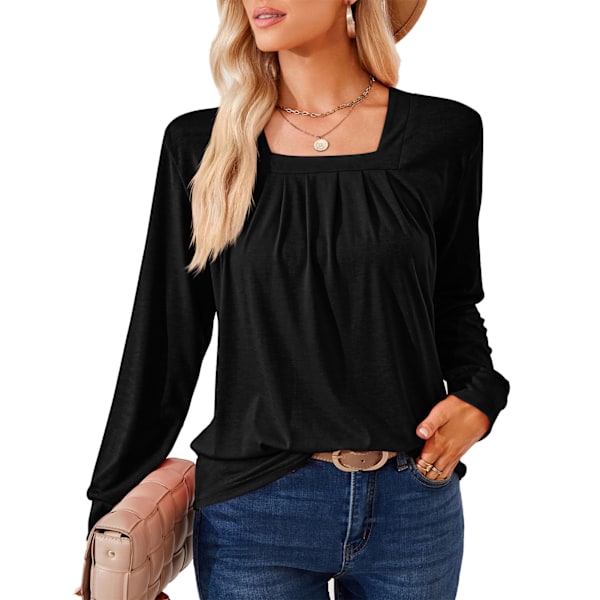 Dam Plisserad Långärmad Blus Enfärgad Lös Passform Elegant Casual Tunika Svart XXL