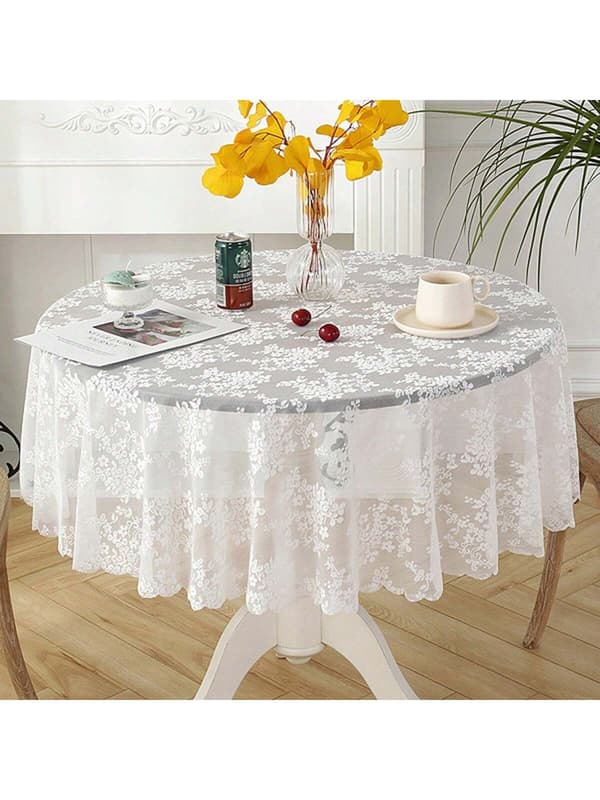 1 st helvit romantisk bordsduk med prästkragar i jacquard, rund 90 cm
