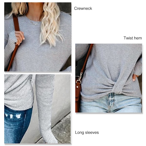 Dam Långärmad Tröja med Vriden Fåll Casual Elegant Enfärgad Rundhalsad Pullover Stickad Tröja Toppar för Arbete Grå S