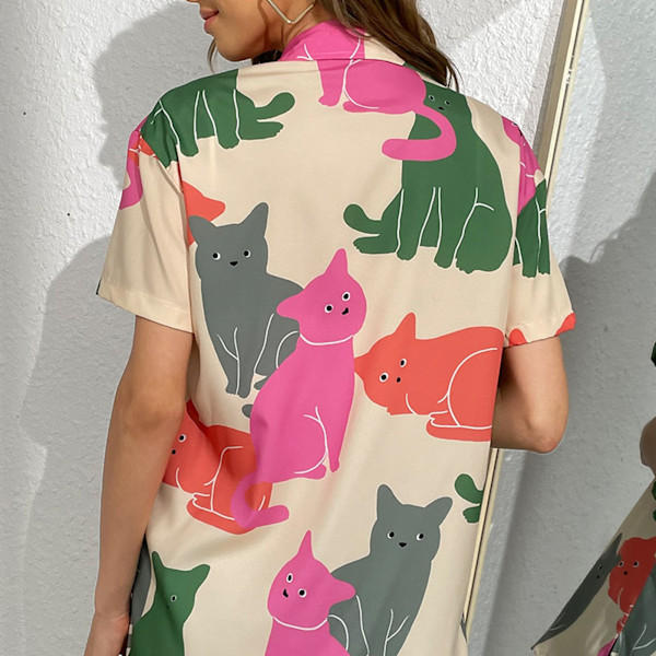 Dam Katt Grafikmönster Knäppskjorta Kort Ärm Nedvikt Krage Casual Figurtryck Topp Grå S