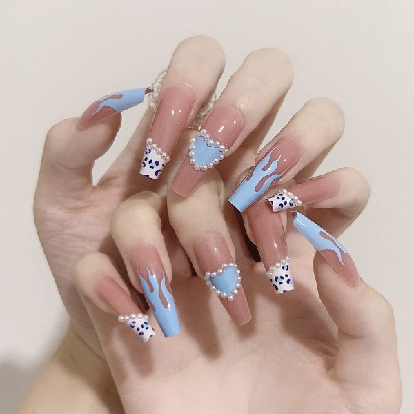 24 damer som bär nail art Extra långa falska naglar$Blue Flame