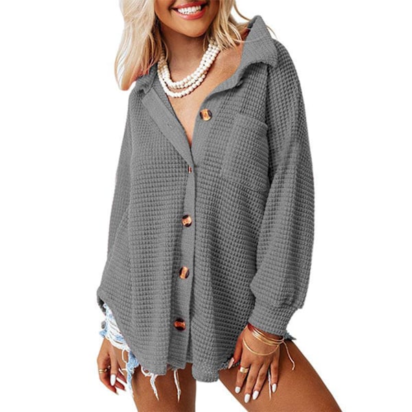 Våffelstickad Skjorta med Knappar Långärmad Fickdesign Båge Oregelbunden Fåll Lös Oversized Shacket Topp för Vår Höst Grå S