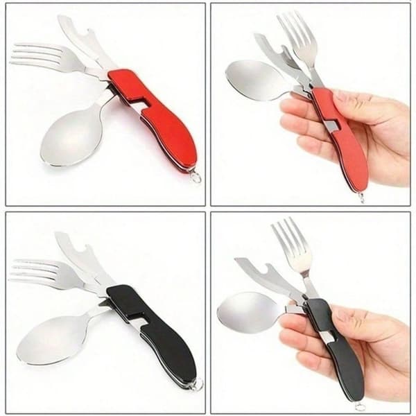 4-i-1 campingbestickset, gaffel, sked, kniv, stål