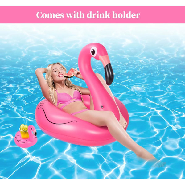 Flamingo Badring med Dryckeshållare och Reparationskit, Stor Uppblåsbar Flamingo Boj för Barn och Vuxna i Poolen för Poolparty