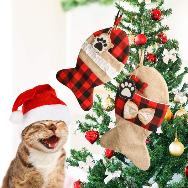 Pet Cat Christmas Stockings 19 Inch, Large Fish Shaped Burlap