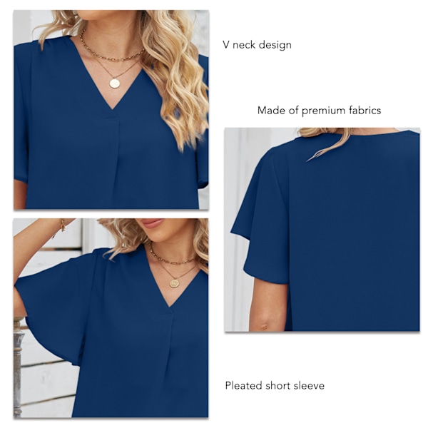 Dam V-ringad Kortärmad Toppar Casual Trendig Enfärgad Plisserad Dam Sommar T-shirts för Daglig Resa Kontor Marinblå XL