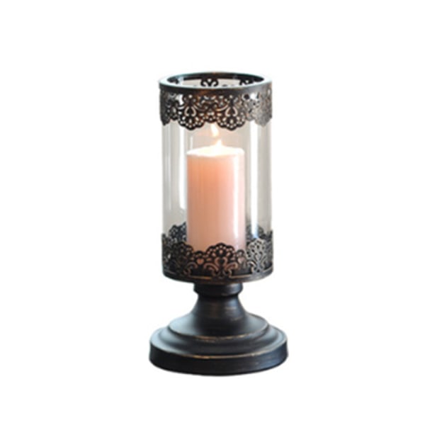 Vintage Metal Pillar Candle Holder with Glass Screen Cover for