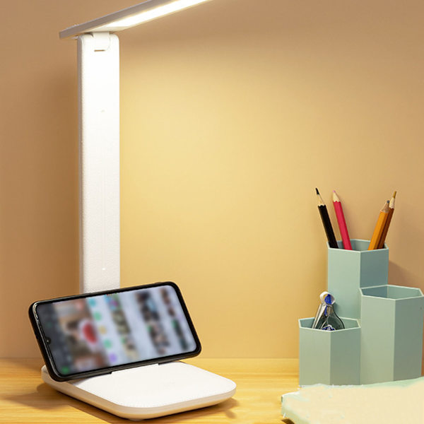 LED-skrivbordslampa, ögonvänlig, vit, USB-laddning, touch-brytare, hopfällbar studielampa för hem och studenter
