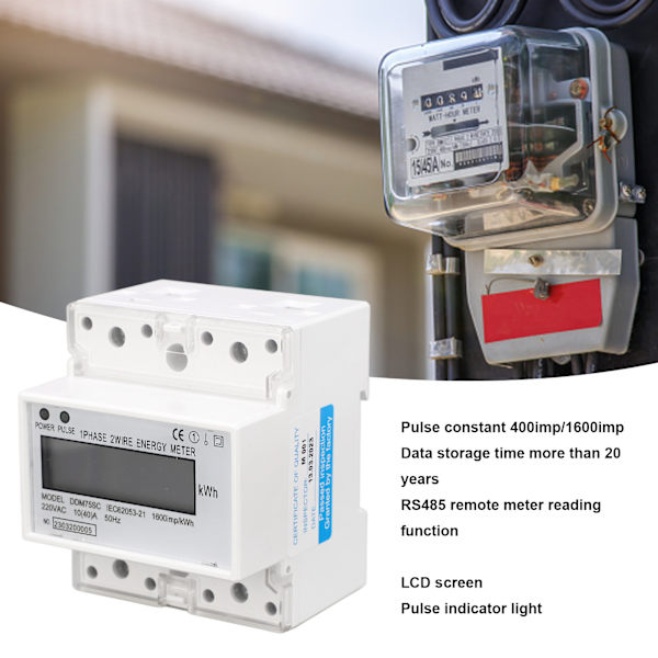 Energimätare 1-fas 2-trådig 4P Digital LCD Kwh Wattmeter Strömförbrukning 35mm DIN-skena Montering AC220V