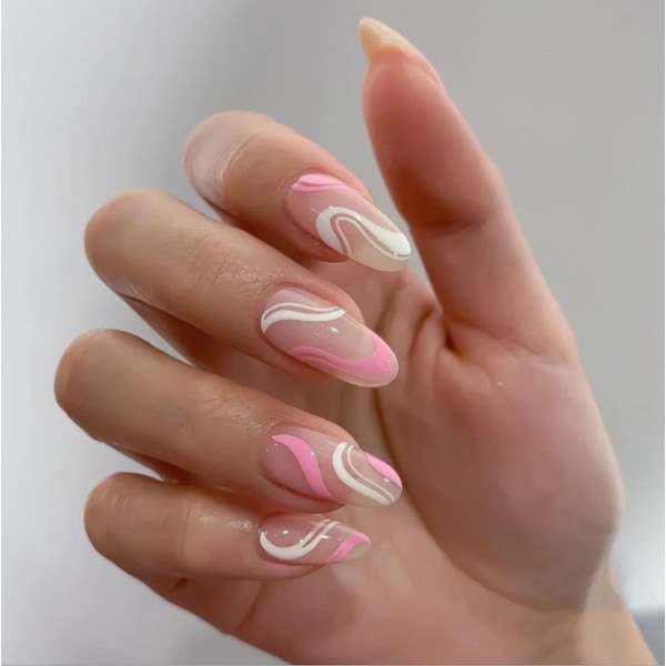 Tryck på naglar Medellånga mandelnaglar Tryck på rosa naglar