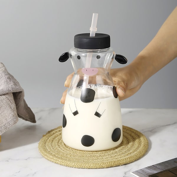 600ML Kreativt Glas Sugrör Mugg Ko Form Glas Mugg med Sugrör