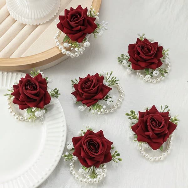 Set med 6 ros-handledskorsager för bröllop, blomsterarmband, bröllopsblommor för handleden med rosor och blad
